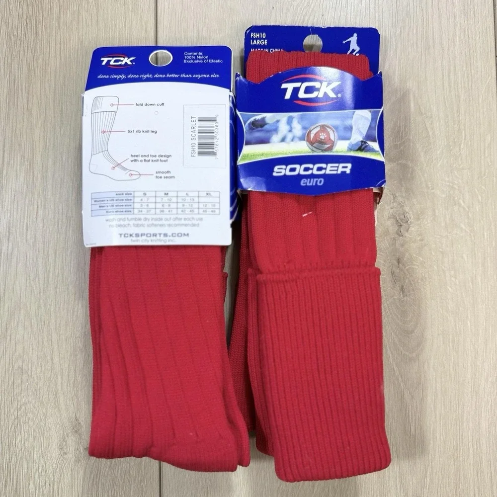 TCK Soccer‎ Euro Socks Scarlet Red Large FSH10 Rib Knit Fold Cuff Nylon Athletic